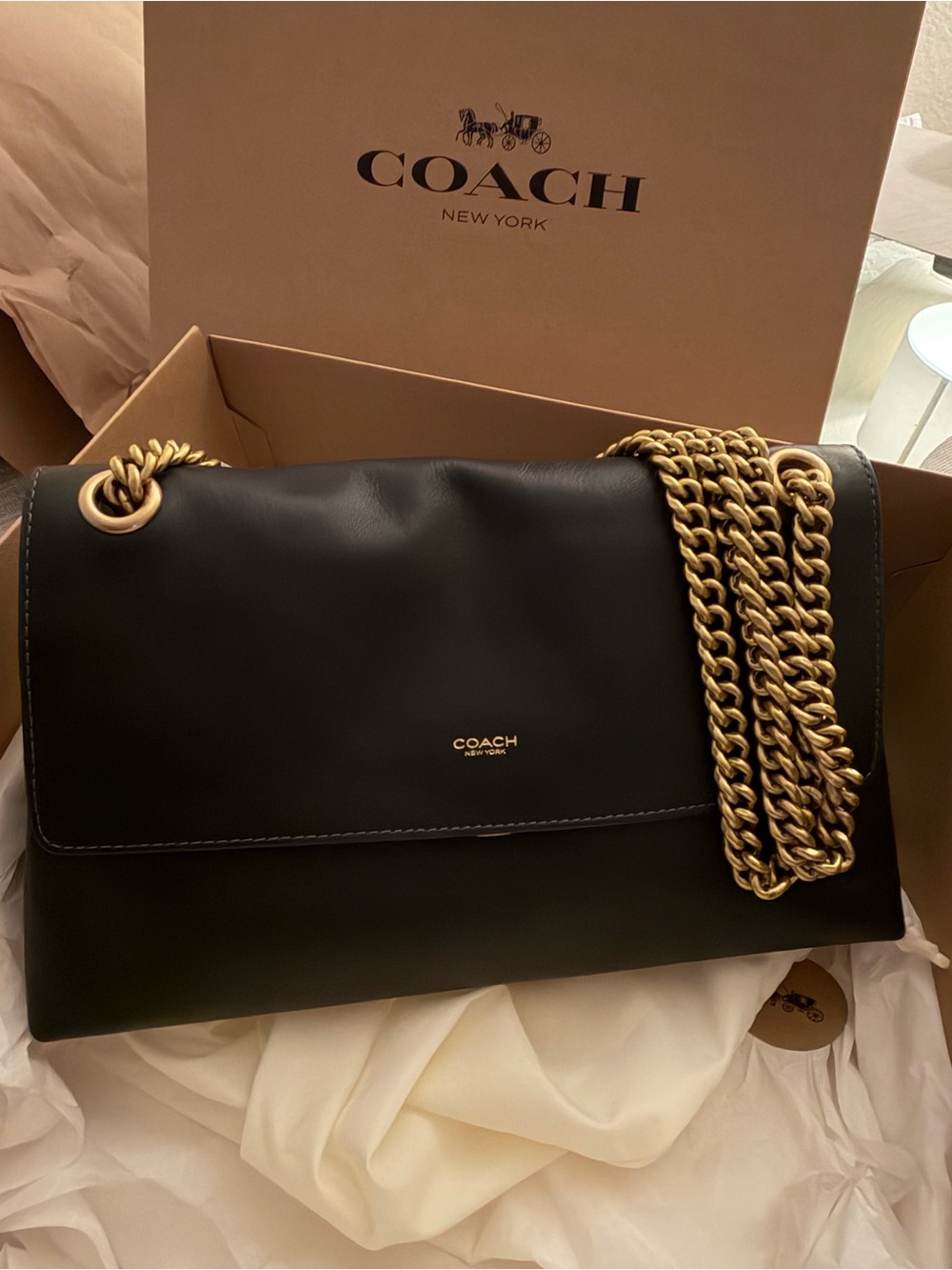Coach Chelsea 30 Black w/ Brass Chain Strap